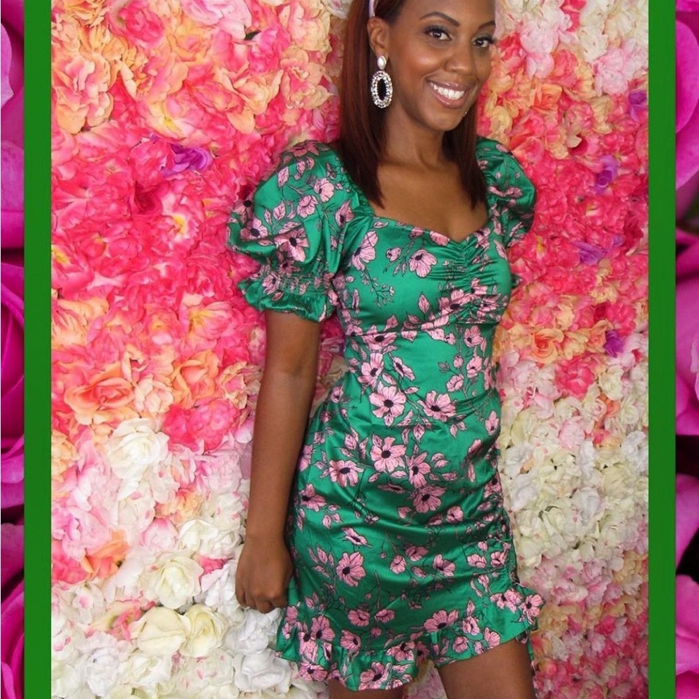 Green and Pink Floral Puff Sleeve Dress
